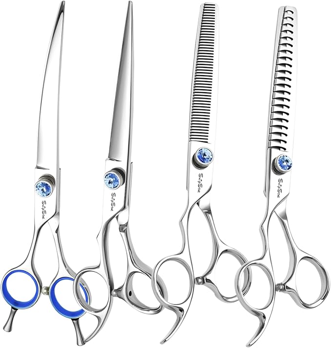 7in Left-Handed Dog Grooming Scissors Set, Japan VG10 Steel Professional Dog Scissors for Grooming, 30° Curved Thinner Chunker Shears Kit with Safety Blunt Tip, Thinning Shears for Dogs Cats Cutting