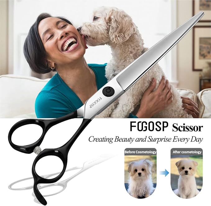 Professional Dog Grooming Scissors Straight 7" Grooming Shears for Cutting Small Pet Cat Thick Hair Japan 440C Stainless Steel Super Sharp Right Handed(7 in Straight, Black)