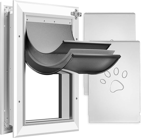 [Petoasis] 3-Flaps Heavy-Duty Dog Door, Rust Proof Aluminum Alloy Frame, Extreme Weather Dog Door Can Block Wind, Snow, and Rainwater Intrusion (Silvery White, XL for Door)
