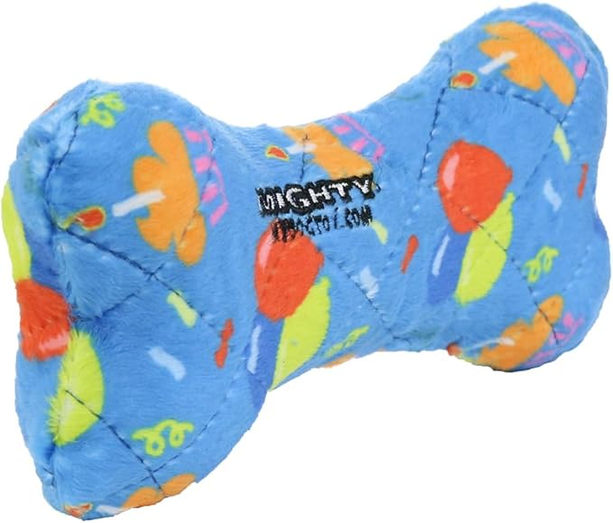 MIGHTY- NO Stuff Bone– Squeaky Plastic Core. 2-in-1 Toy. Made Durable, Strong & Tough. Interactive Play Dog Toy (Tug, Toss & Fetch). It Floats. (Celebration, Medium)