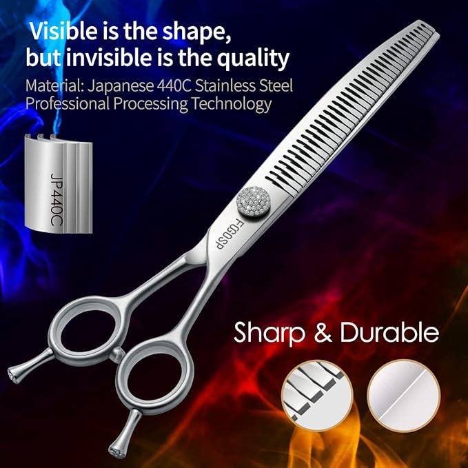 7.0'' Curved Chunkers Shears for Dog Grooming Professional Magic Grooming Scissors with Big Artificial Diamonds 30 Teeth for Large Dogs(7.0 in, Curved Chunkers)