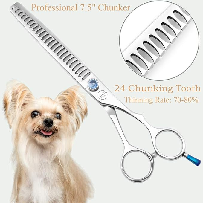 Moontay Professional Dog Grooming Straight, Curved, Thinning/Blending/Chunking Scissors Kit, JP-440C Stainless Steel Pet Cat Hair Cutting/Trimming Shears, Silver (7.5" (24-Tooth))