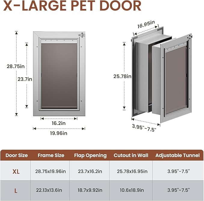 Dog Door for Wall, X-Large Dog Door with 3-Flap, Aluminum Doggie Door, Heavy Duty Pet Door with Lock, Telescoping Tunnel for Interior Exterior Wall, Pets Up to 220LB