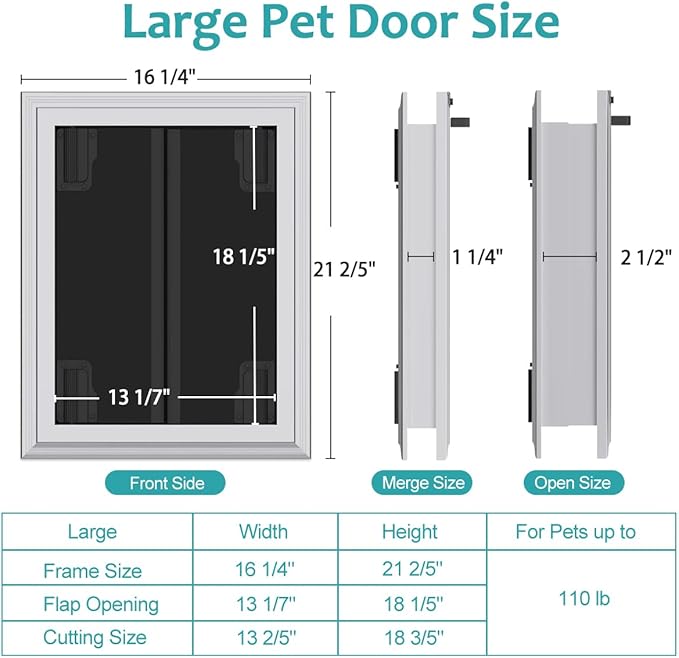 Large Dog Door, Energy Efficient French Doggy Door with Aluminum Frame, Telescoping Tunnel, Magnetic Flaps and Sliding Lock Panel - Large