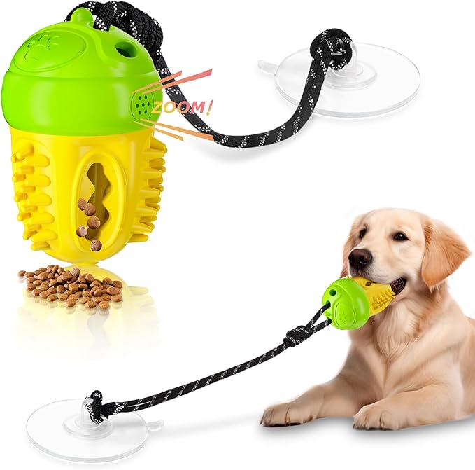 Interactive Suction Cup Tug Dog Toy,Treat Dispensing Puzzle Enrichment Squeaky Toy, Indestructible Chew Toy for Medium Small Dogs,Green Yellow