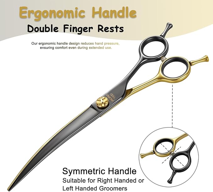 7.5'' Professional Curved Dog Grooming Scissors with Decorative Screw Sharp and Durable Black and Golden 440C Stainless Steel Dog Shears Easy Use for Groomers and Home User