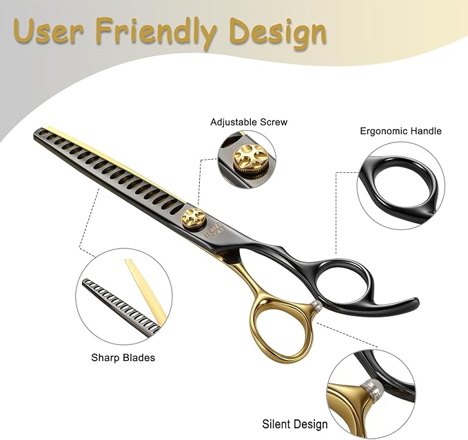 7.5'' Chunker Dog Grooming Scissors with Decorative Screw Sharp and Durable Black and Golden 440C Stainless Steel Dog Thinner Shears Easy Use for Groomers and Beginners.