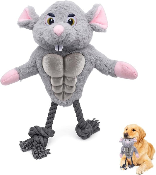 Muscle Mouse Dog Toy for Medium & Large Dogs – Plush Dog Toy with Squeaky Rubber Chest & Rope Legs | Durable Pet Toy for Tug, Fetch & Chewing | for Pet Use Only