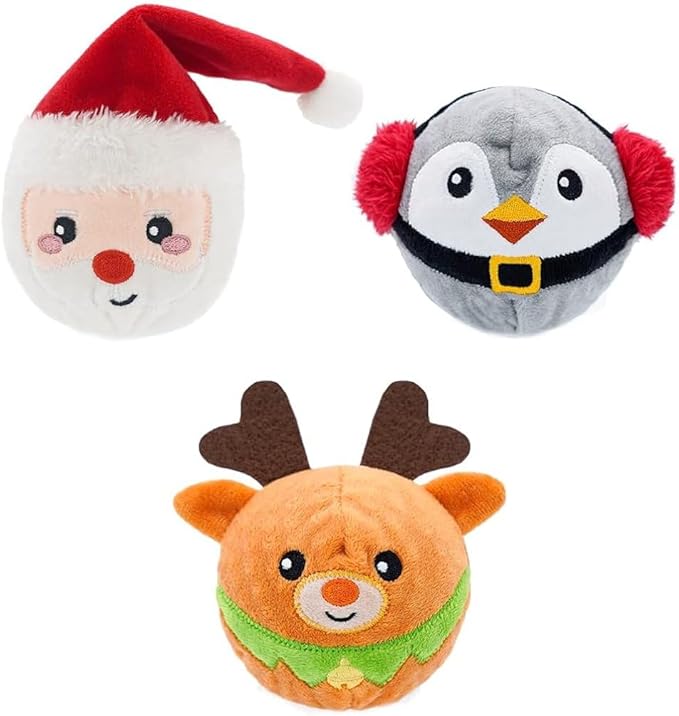 HugSmart - Squeaky Dog Toys | 3-Pack Joyful Spiky Balls for Small, Medium, Large Breeds (Happy Woofmas Series) No Stuffing, Interactive Toss and Fetch Plush