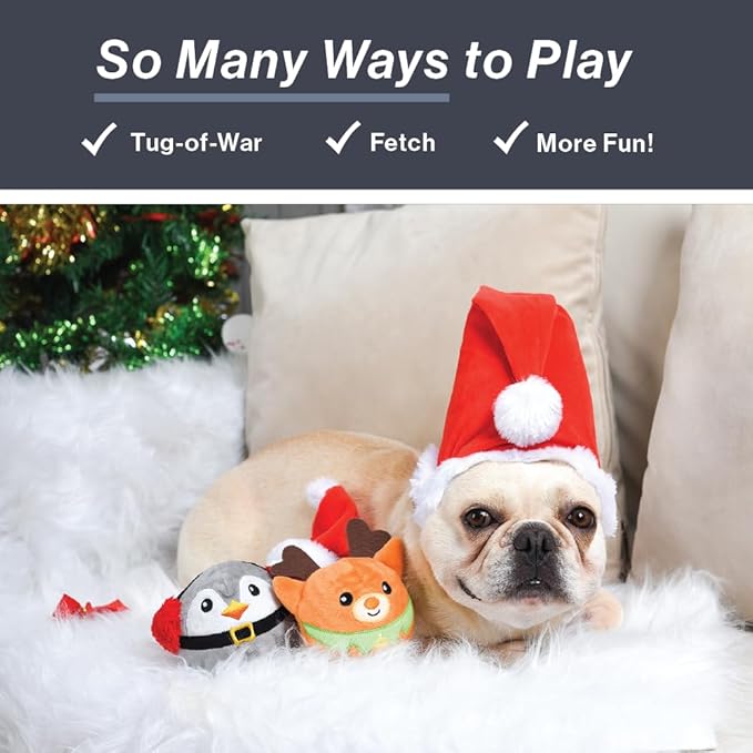 HugSmart - Squeaky Dog Toys | 3-Pack Joyful Spiky Balls for Small, Medium, Large Breeds (Happy Woofmas Series) No Stuffing, Interactive Toss and Fetch Plush