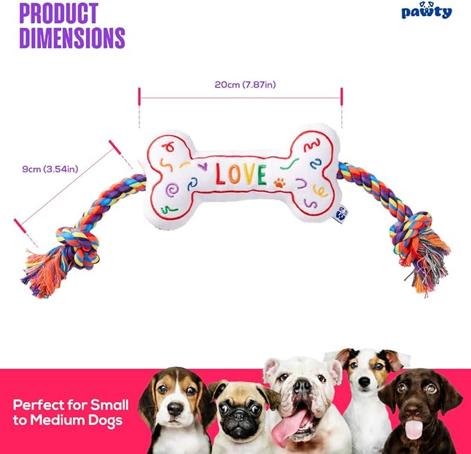Love Bone Interactive Dog Toy - Interactive Tug Rope Pet Toy - Cute Unique Design Party Pride Love Gift - Small Medium Puppy - Durable Chew Resistant Plush with Squeaker for Teething