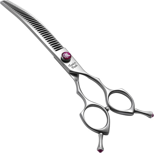 Fenice Peak 8.0‘’ Curved Chunker Dog Grooming Scissors with Purple Flashing Screw Professional 440C Stainless Steel Natural Color Pet Trimming Shears with Offset Handle Durable and Sharp