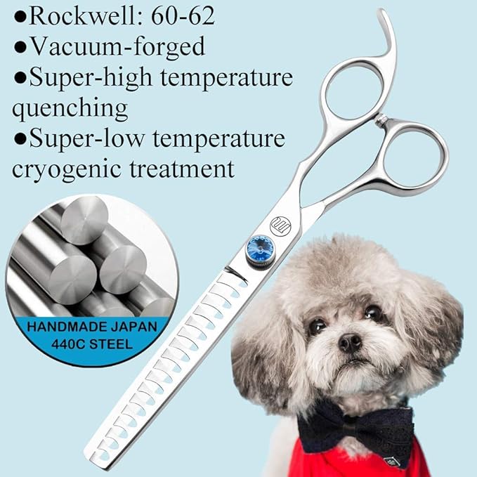 Moontay Professional Dog Grooming Straight, Curved, Thinning/Blending/Chunking Scissors Kit, JP-440C Stainless Steel Pet Cat Hair Cutting/Trimming Shears, Silver