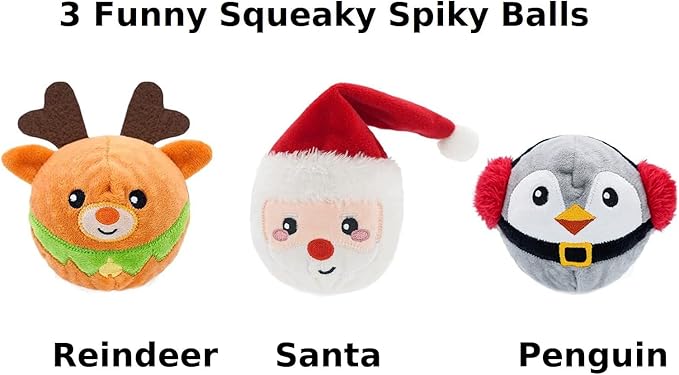 HugSmart - Squeaky Dog Toys | 3-Pack Joyful Spiky Balls for Small, Medium, Large Breeds (Happy Woofmas Series) No Stuffing, Interactive Toss and Fetch Plush