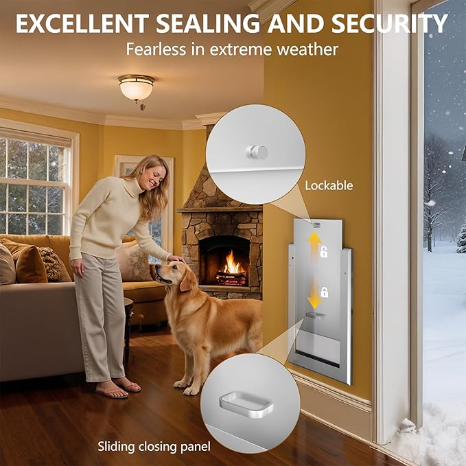 Ownpets Aluminum Large Dog Door for Wall and Door, Double Flap Energy Efficient, Lockable Pet Door, Heavy Duty Doggy Door for Dogs Up to 100lbs