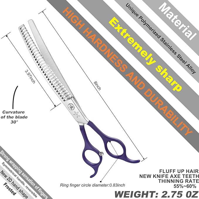 High-end Professional Dog Grooming Curved Thinning Scissors Teeth Blending Shears Pet Texturizing Thinner Blender Shears 7.5 Inch Extremely Very Sharp Made Of Stainless Steel Alloy For Dog Cat Groomer