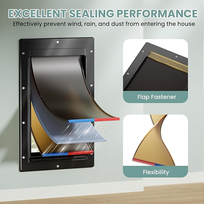 Durable Frame 3-Flap Wall Dog Door, Extreme Weather Large Doggy Door for Wall, Never Rust Wall Pet Door, Telescoping Tunnel, Insulation Flap, 2 Magnetic Flaps, for Pet Up to 100lb