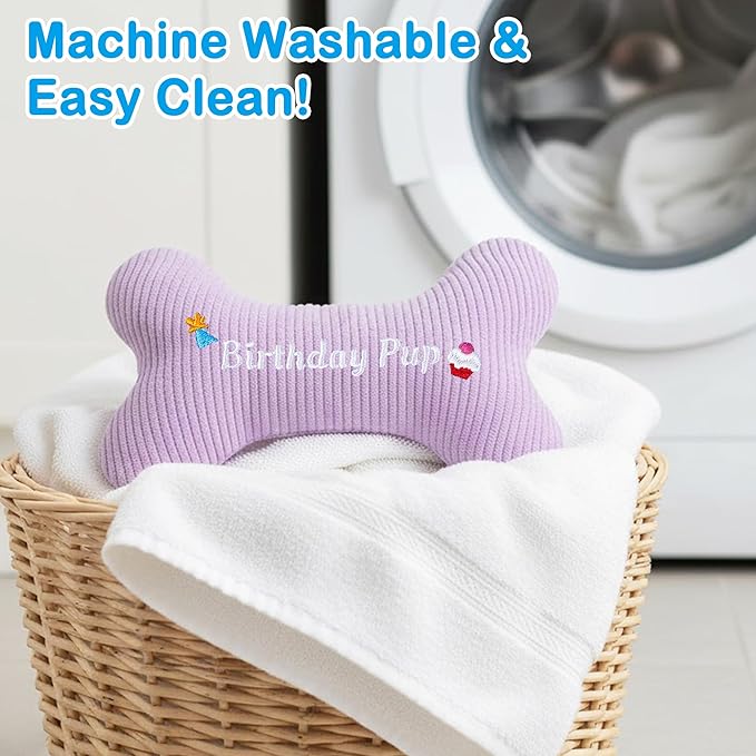 2026 Birthday Squeaky Dog Toys, Embroidered Bone Shape Purple Corduroy Pet Pillow 8"x5", Soft Cotton Filled Cute Fun Dog Chew Puzzle Toy Birthday Gifts for Small Medium Dogs(Birthday Pup)
