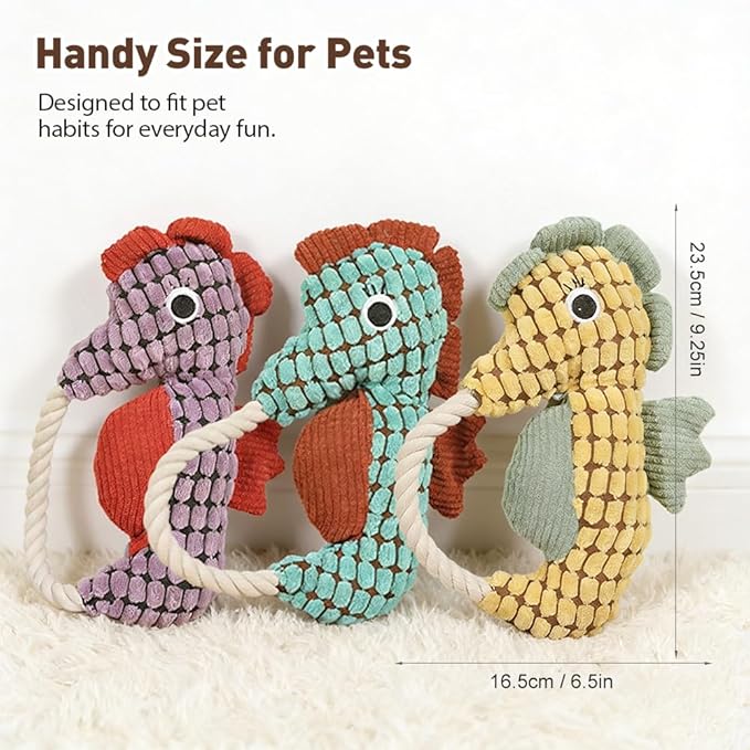Indestructible Lush Squeaky Toys Indestructible Chew Toy, New Durable Plush Dog Toys for Aggressive Chewers, for Small Medium Large Dogs (Yellow Seahorse)