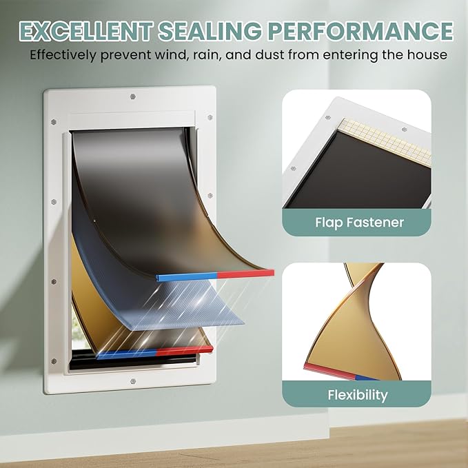 3-Flap Dog Door, Large Doggy Door for Wall, Never Rust Plastic Wall Dog Door, Telescoping Tunnel, Magnetic Flaps, Insulation Flap, Closing Panel, Pet Door for Pets Up to 110 Pounds