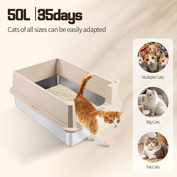 Extra Large Stainless Steel Litter Box, XXXL 27.6" H x 19.7" W x 11.8" H Metal High Sided Cat Litter Box with Scoop, Leak-Proof, Easy Clean for Big Cats/Multiple Cats (Khaki)