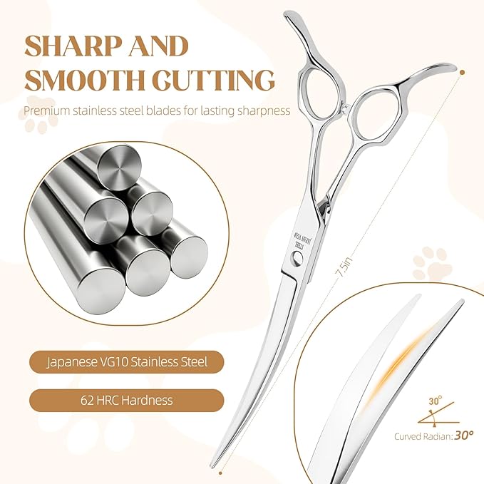 Curved Dog Grooming Scissors 7.5 in Professional Pet Grooming Shears Japan VG10 Reversible Ergonomically Designed handle for Grooming Face, Eyes, Paws & Body