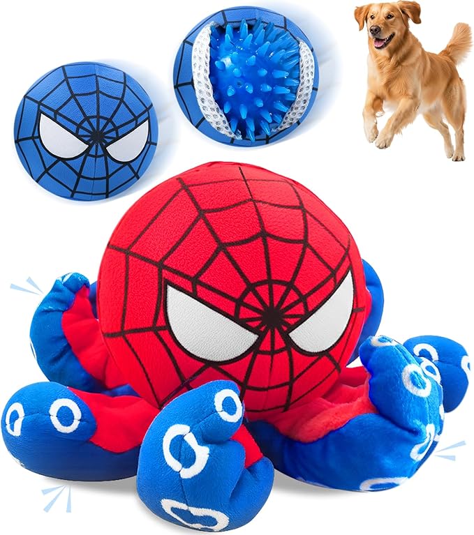JoySolar 3 in 1 Tear Apart Squeaky Dog Toy - Spider Stuffed Rip and Reveal Dog Toy, Plush Interactive Pet Toy with Spikey Ball Inside for Small Medium Pets to Keep Them Busy