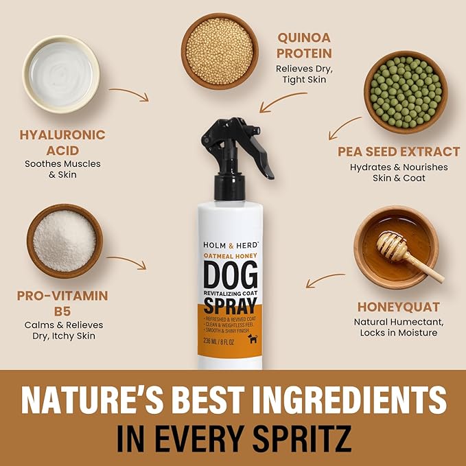 Holm & Herd Oatmeal Honey Dog Care Gift Bundle – 3 Piece Grooming Set with Bubble Bath Shampoo, Deodorizing Spray & Serum – Soothing Dog Gift for Sensitive Skin (Oatmeal Honey)