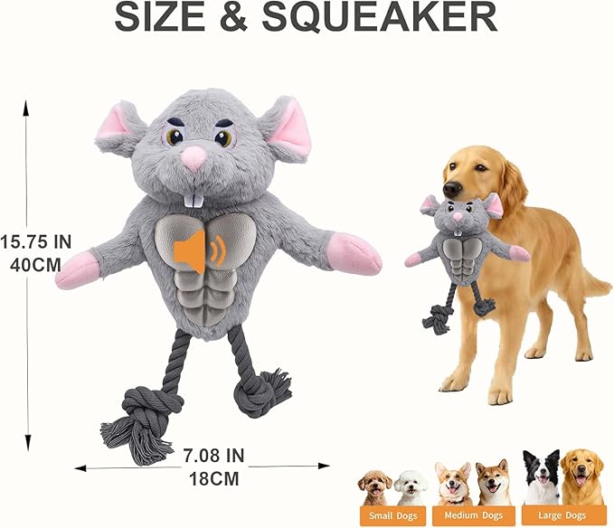 Muscle Mouse Dog Toy for Medium & Large Dogs – Plush Dog Toy with Squeaky Rubber Chest & Rope Legs | Durable Pet Toy for Tug, Fetch & Chewing | for Pet Use Only