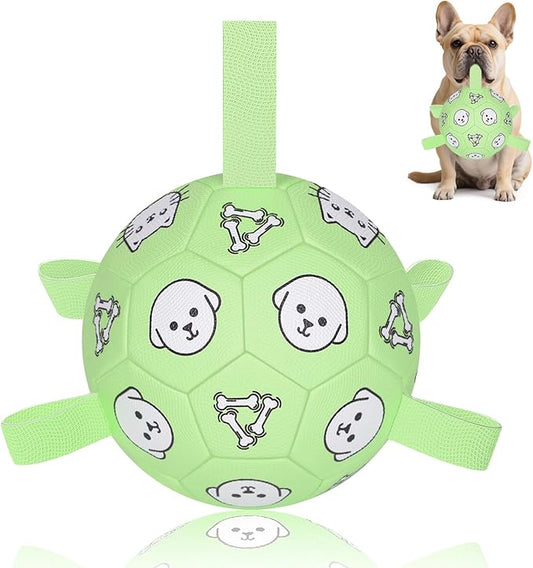Dog Toys Soccer Ball with Straps, Dog Soccer Ball with Tabs, Dog Toys for Tug of War, Floating Water Puppy Toys for Indoor/Outdoor – Fun Dog Birthday Gift for Small Medium Dogs, 6 Inch