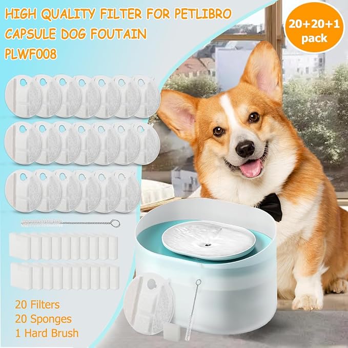 20 Pack Dog Water Fountain Replacement Filters for Petlibro Capsule Dog Fountain PLWF008,Pet Water Fountain Filter with Replacement Pre-Filter Pump Sponges with 1 Hard Brush.