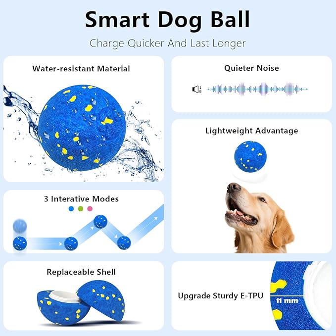 Interactive Dog Toy Ball, Smart Electric Ball - Automatic Bouncing Rolling Moving Jumping Vibrating - 3 Modes Water Resistant Balls for Medium Large Dogs - Chase Pet Toys to Keep Them Busy