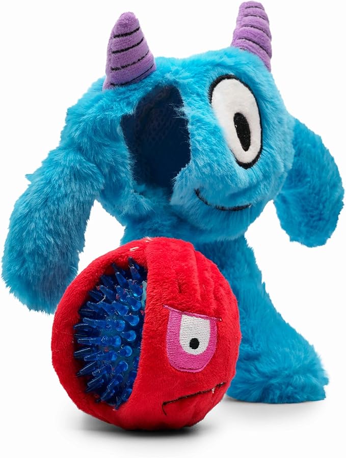 Flourish Pets 3 in 1 Multi-Layer Chew Toy for Active Dogs | Non-Toxic BPA Free Double Stitched Soft Fabric Exterior Dog Toys | Long-Lasting Dog Plush Toys – Small, Blue Monster 8"