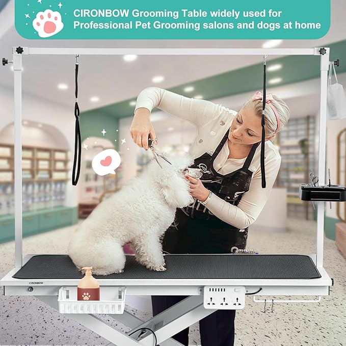 49'' Electric Dog Grooming Table, Ergonomic 400lbs Heavy Duty Grooming Table for Large Dogs at Home with 2 Nooses/Tool Organizer/Adjustable Arm/Foot Control (White)