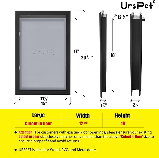 Aluminum Large Dog Door for Exterior Doors, Cutout Size 12.2''W x 18''H, Heavy Duty for Extreme Weather, Energy-Saving, Easy to Assemble, Dog Door for Dogs Up to 100 lbs, Lockable Black (L)