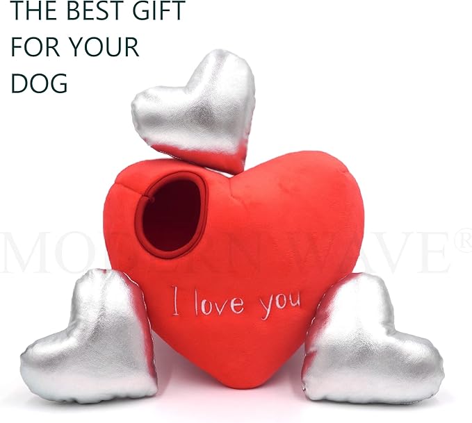 MODERN WAVE - Squeaky Plush Dog Toy - Interactive Hide and Seek Squirrel Type Puzzle Toy for Dogs, Small - Medium Size (Red Heart and Silver Hearts)
