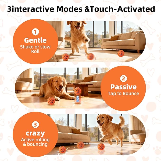 Interactive Dog Ball - Smart Dog Toy for Small & Medium & Large Dogs, Automatic Moving, Rotating & Bouncing, E-TPU Material, Interactive Dog Toys for Aggressive Chewers (Orange)