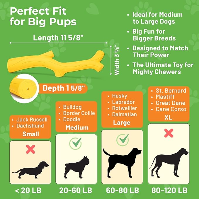 Natural Rubber Durable Dog Toys for Large & Medium Dogs Brown Bacon Flavored Curved Branch Shape Tough Chew Toy for Dogs Safe Tested & Non-Toxic Squeak Dog Toys (Yellow)