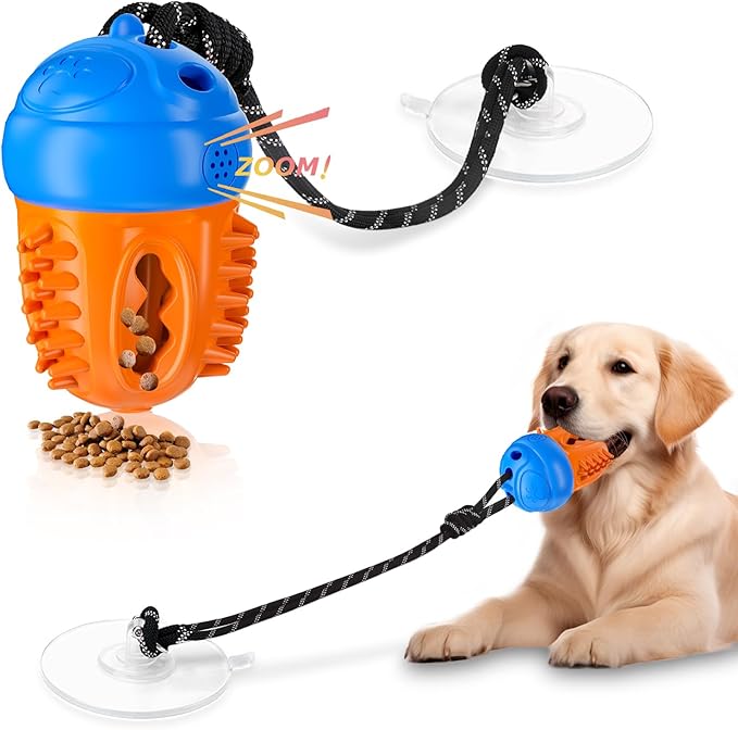 Interactive Suction Cup Tug Dog Toy,Treat Dispensing Puzzle Enrichment Squeaky Toy, Indestructible Chew Toy for Medium Small Dogs,Blue Orange