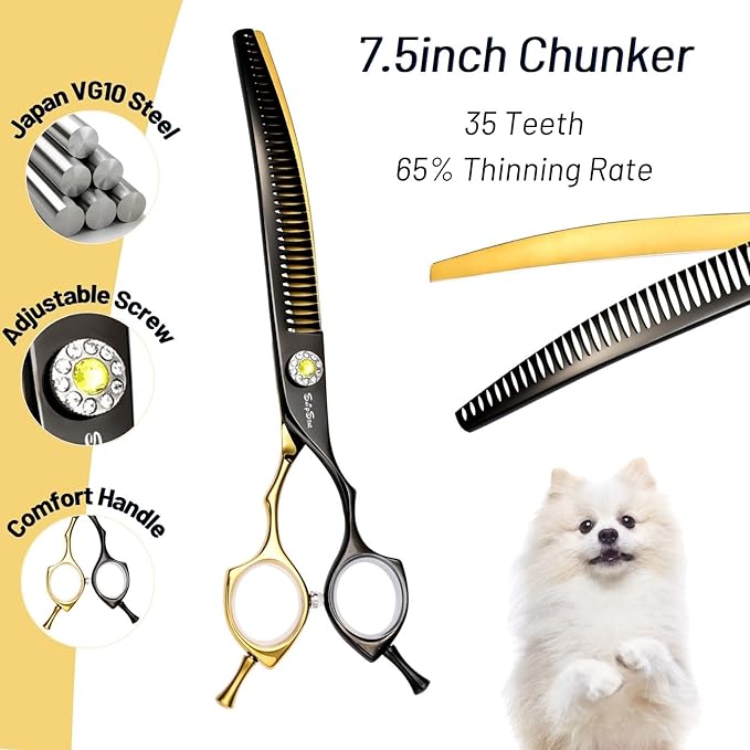 7.5in 25° Curved Thinning Shears for Dog Grooming Scissors, High-end Dog Trimming Scissors, 35 Teeth Chunker, Japan VG10 Steel Sharp, Ergonomic Professional Pet Shears for Dogs Cats Face Paws Groomer