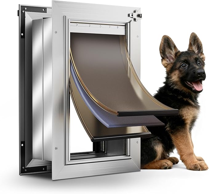 Dog Door for Wall, Medium Dog Door with 3-Flap, Aluminum Doggie Door, Heavy Duty Pet Door with Lock, Telescoping Tunnel for Interior Exterior Wall, Pets Up to 45LB