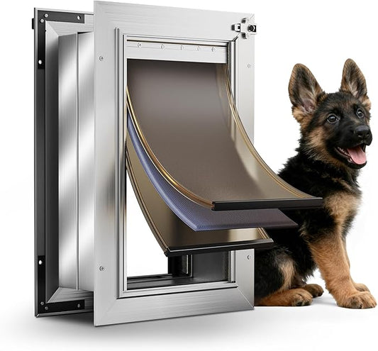 Dog Door for Wall, Medium Dog Door with 3-Flap, Aluminum Doggie Door, Heavy Duty Pet Door with Lock, Telescoping Tunnel for Interior Exterior Wall, Pets Up to 45LB