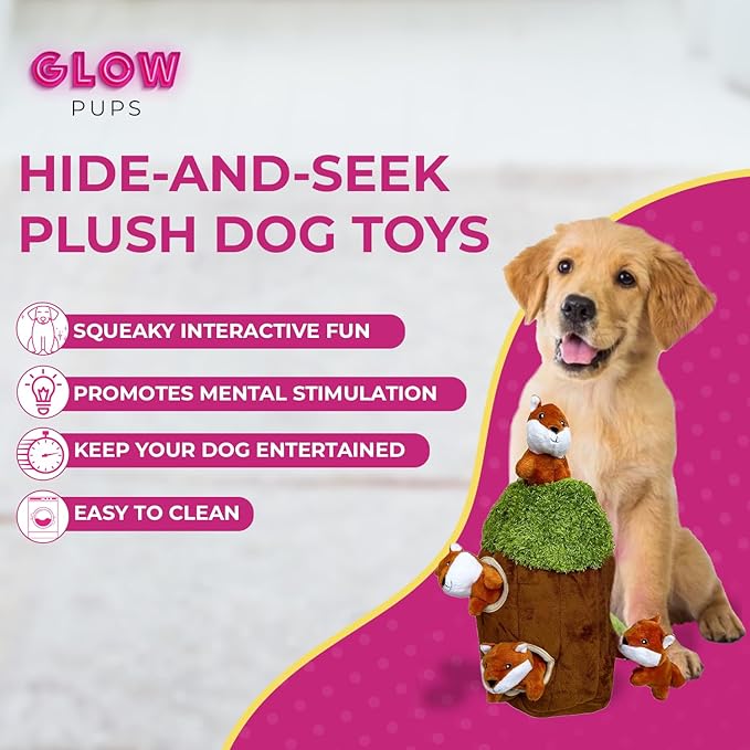 Glow Pups Hide and Seek Dog Toy, Plush Fox Inside Trunk, Squeaky Interactive Burrow Toy for Mental Stimulation, Durable & Engaging, Woodland Style, Small, 3 Animals