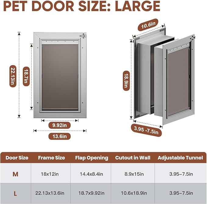 Dog Door for Wall, Large Dog Door with 3-Flap, Aluminum Doggie Door, Heavy Duty Pet Door with Lock, Telescoping Tunnel for Interior Exterior Wall, Pets Up to 110LB