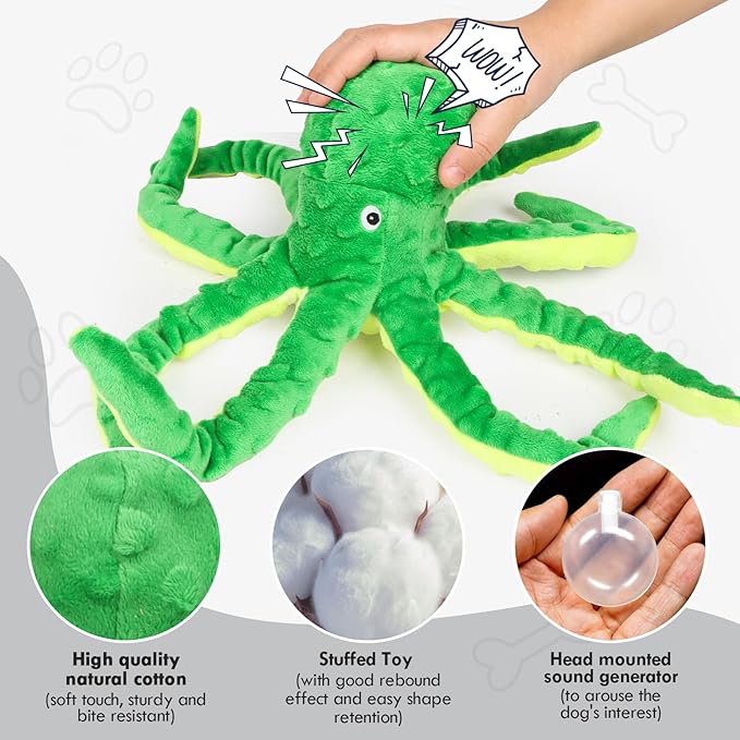 2 Pack Octopus Squesky Dog Toys for Large Medium Small Dogs, Stuffed and Tough Plush Dog Toys for Aggressive Chewers (Blue+Green)
