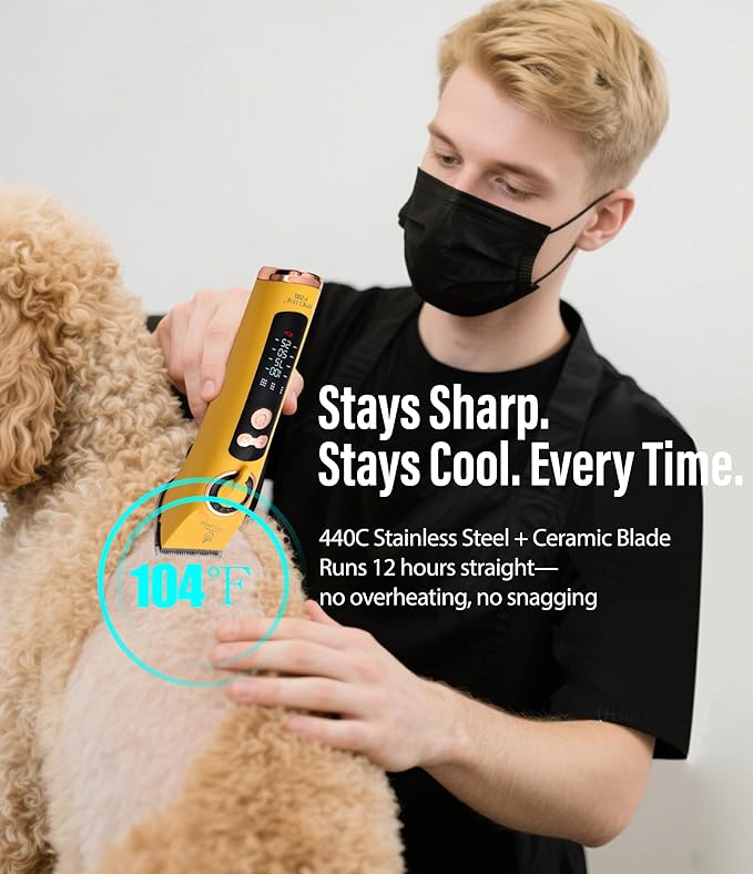 Professional Dog Grooming Clippers with 12H Runtime & Replaceable 440C Blade, 3-Speed Low Noise Electric Dog Shaver for Thick, Matted, Curly Hair, Cordless Clipper for Groomer & Home Use, Black