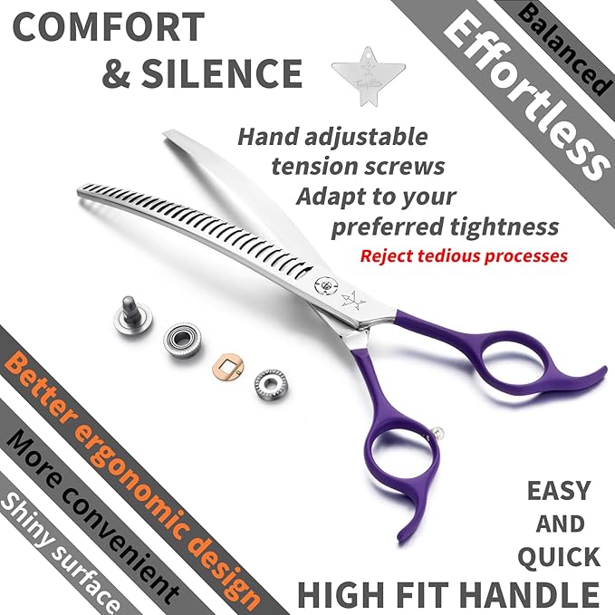 High-end Professional Dog Grooming Curved Thinning Scissors Teeth Blending Shears Pet Texturizing Thinner Blender Shears 7.5 Inch Extremely Very Sharp Made Of Stainless Steel Alloy For Dog Cat Groomer