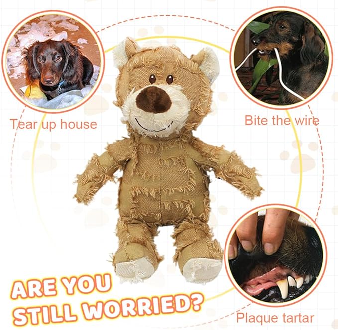 Dog Toys for Aggressive Chewers,Indestructible Robust Bear Toy, Durable Squeaky Toys for Heavy Chewers, Interactive Dog Toy Unbreakable Stuffed Plush for Small, Medium Sized Dogs (Brown, Large)
