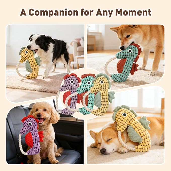 Indestructible Lush Squeaky Toys Indestructible Chew Toy, New Durable Plush Dog Toys for Aggressive Chewers, for Small Medium Large Dogs (Purple Seahorse)
