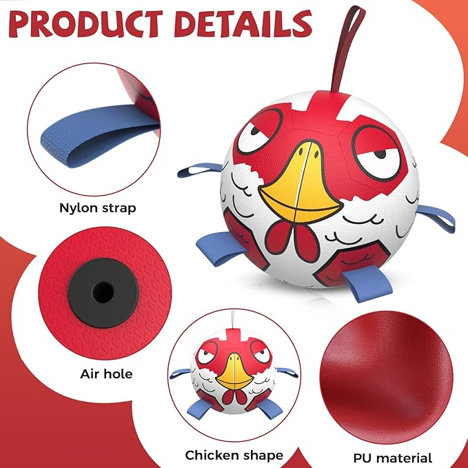 QDAN Chicken Dog Toys Soccer Ball with Straps, Interactive Dog Toys for Tug of War, Puppy Birthday Gifts, Tug Toy, Dogs Water Toy, Durable Dogs Balls for Dog（8 Inch）